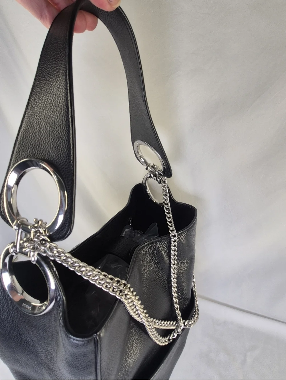 Pinko Black Leather Bucket Hobo Bag Purse Tote Chain Strap
